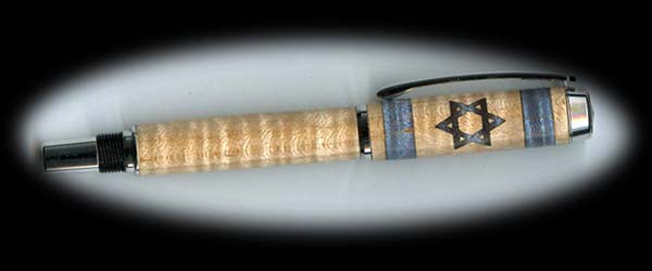 Israel Flag pen / Natural Curly Maple and Inlayed Dyed Blue Curly Maple
